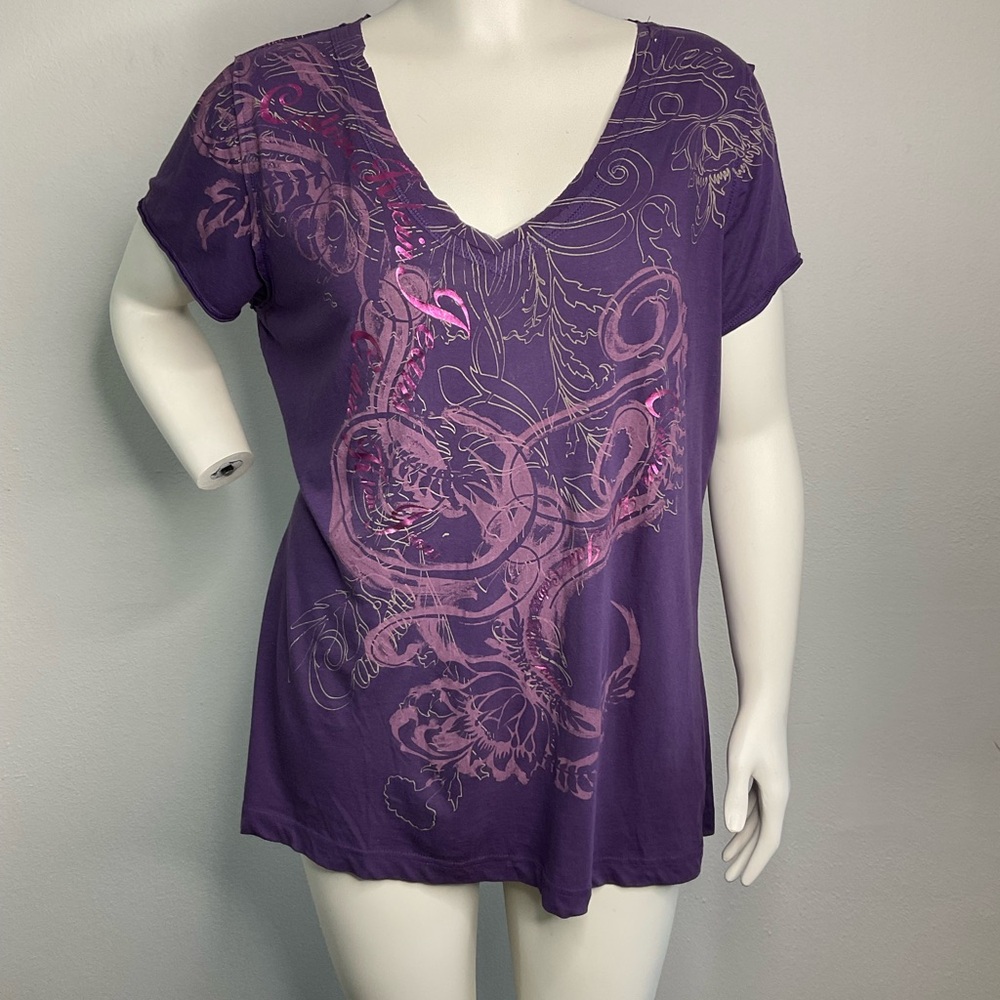 Purple Calvin Klein Jeans Distressed Graphic Print T-shirt sz 1X